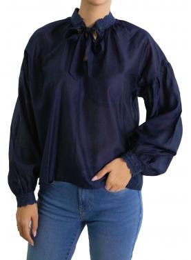 Camicia con collo alla coreana ricamato e laccio 